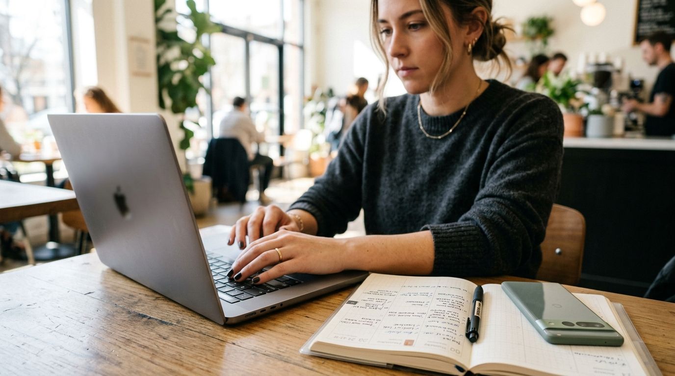 Etudiante à distance dans un coworking space