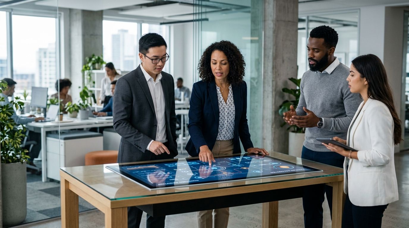 Équipe d'une PME analysant le schéma d'une plateforme de dématérialisation partenaire sur un écran tactile en open space