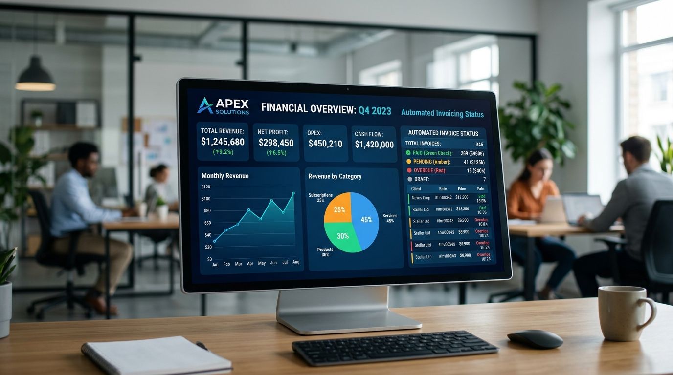 Tableau de bord de facturation électronique affichant le suivi des factures payées, en attente et en retard d'une PME